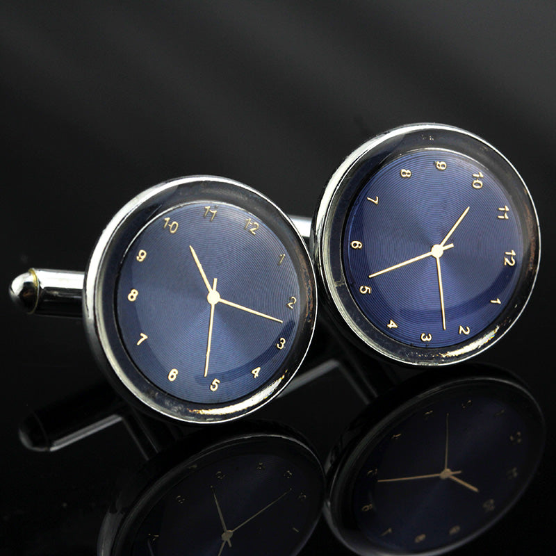 A Blue, Chrome Color Circle Shaped Watch Cuff-links