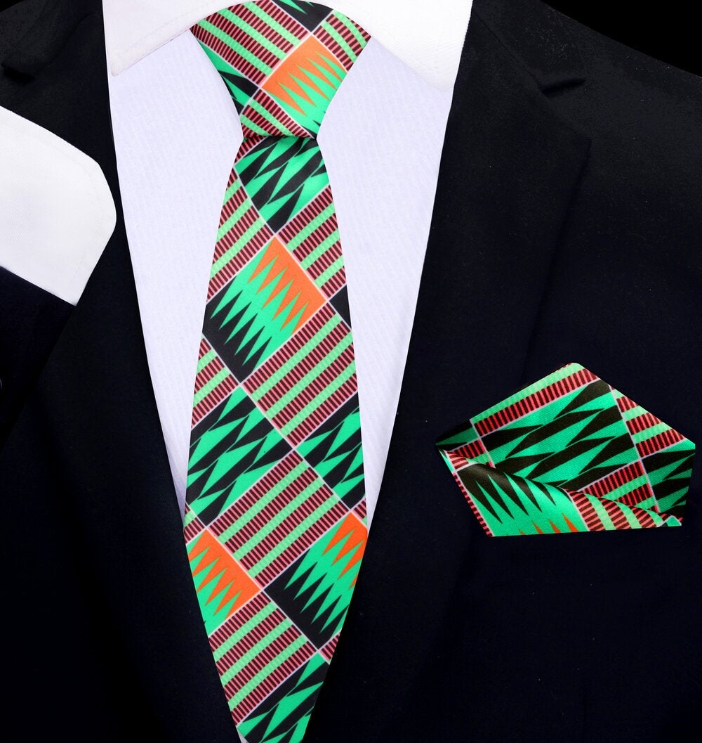 Deion PRIME TIME Sanders Orange, Green, Black abstract thin tie and square