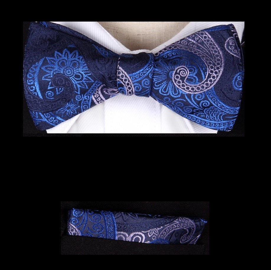 A Blue, Light Blue Color With Paisley Pattern Silk Kids Pre-Tied Bow Tie, Matching Pocket Square and Cuff-links