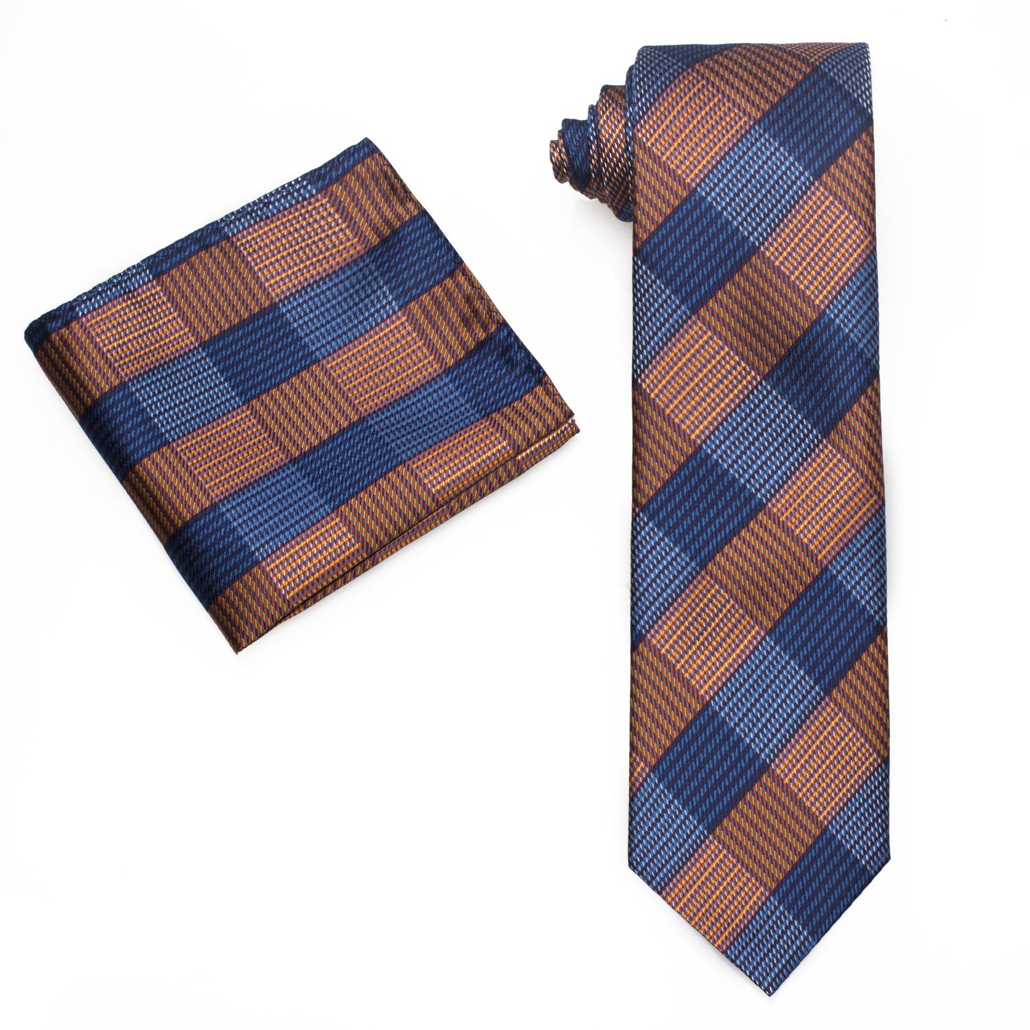 Alt View: Orange and Blue Plaid Tie and Pocket Square
