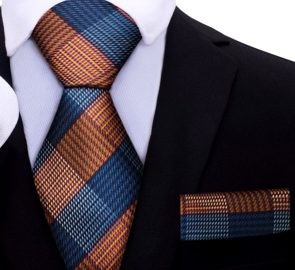 Orange and Blue Plaid Tie and Pocket Square
