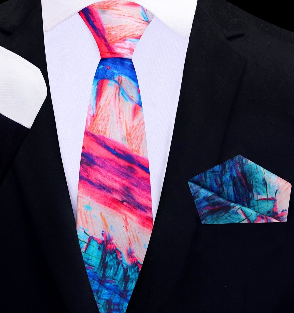 Red, Blue, Pink Abstract Watercolor ThinTie and Pocket Square