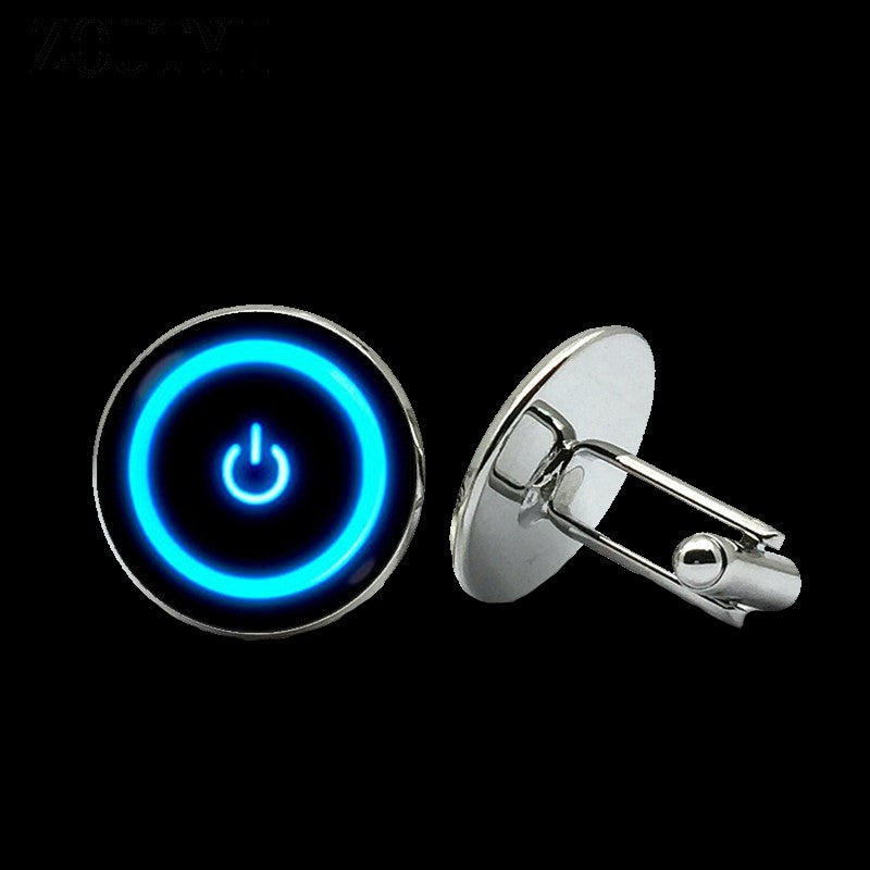 A Chrome, Laser Blue with Circle and Power Button Design Cuff-links||Laser Blue