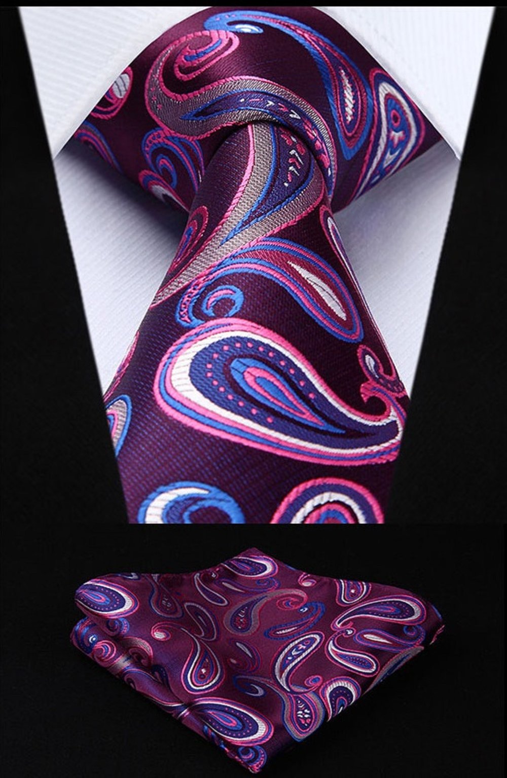 A Purple, Blue Paisley Pattern Silk Necktie, Matching Pocket Square, Cuff-links