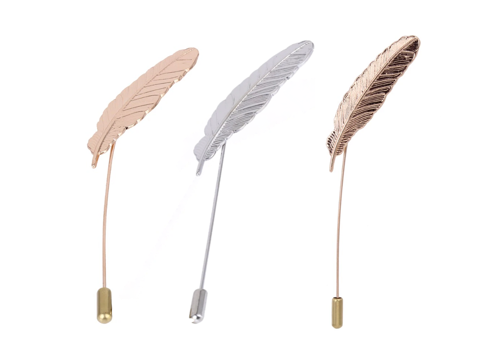 View 2: Three Feather Shaped Lapel Pins in Gold, Rose Gold and Silver Colors