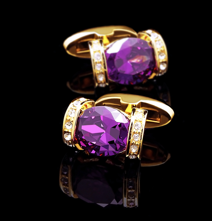 A Gold and Purple Colored Stone Cuff-links