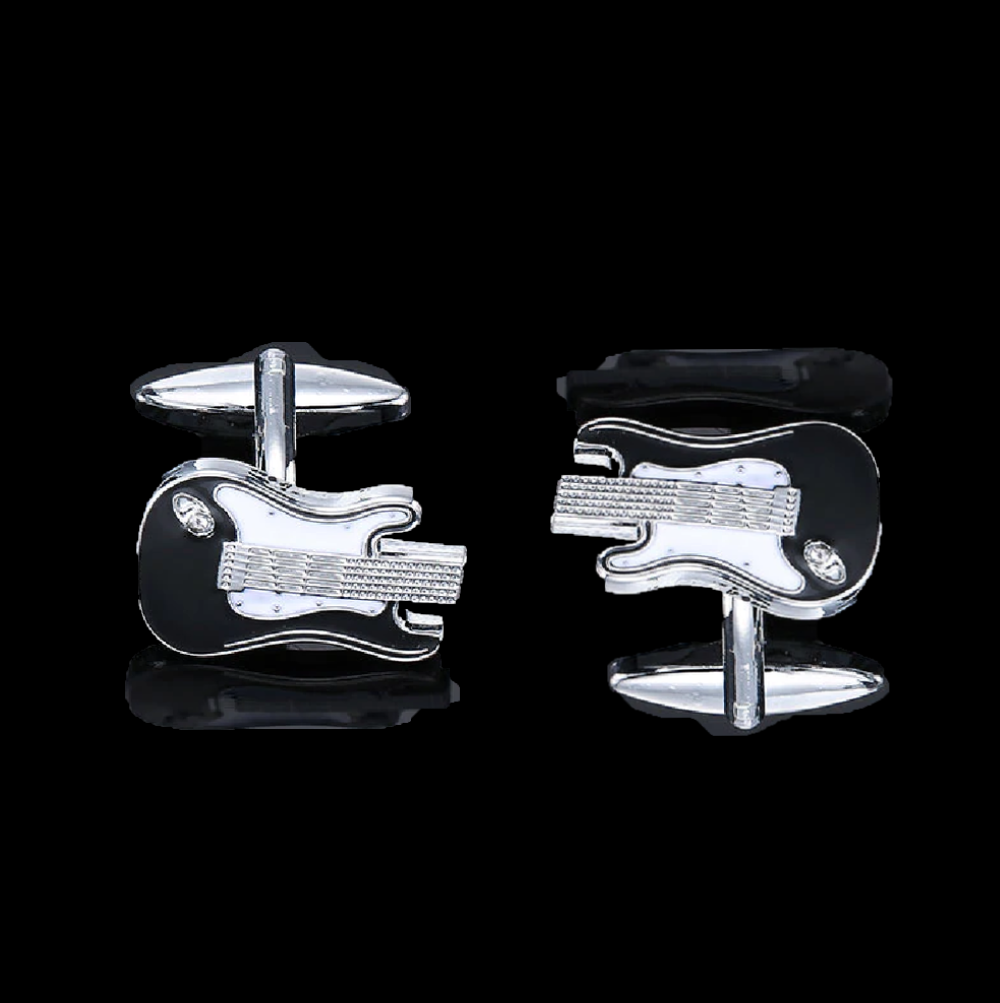 Cuff-links View: A Chrome, Black, White Colored Guitar Shaped Tie Bar, Cuff-links Set