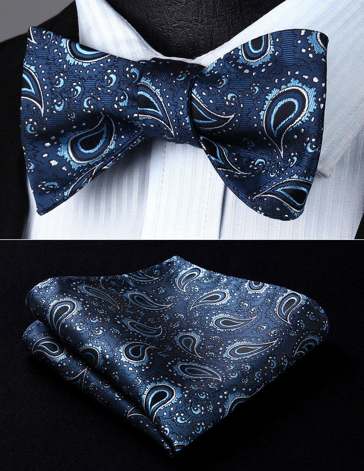 A Blue Paisley Pattern Silk Self Tie Bow Tie, Matching Pocket Square and Cuff-links||Royal Blue