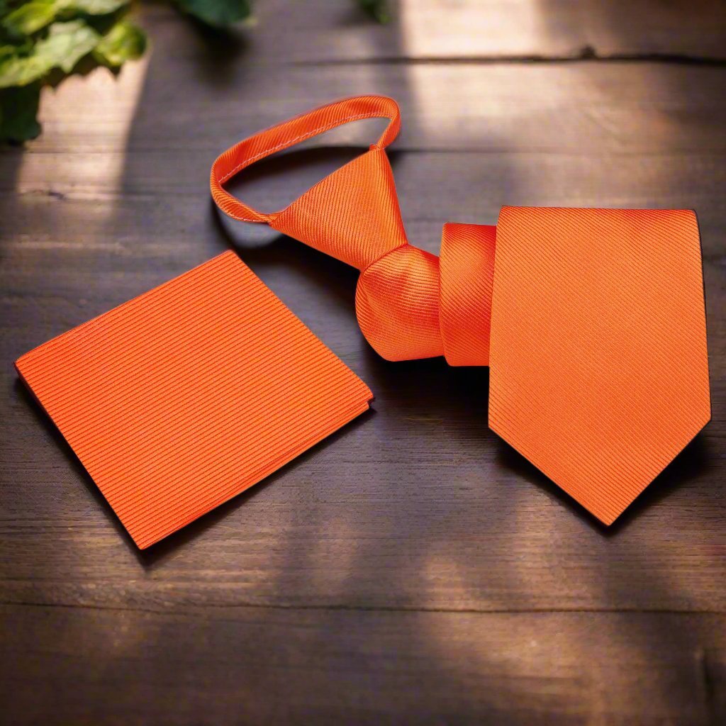 Solid Rich Orange Lined Zip Tie and Pocket Square