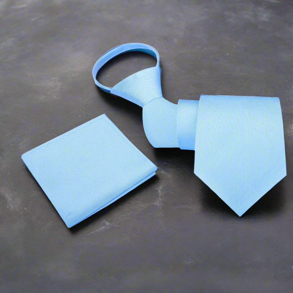 Pale Blue Check Zipper Necktie and Square