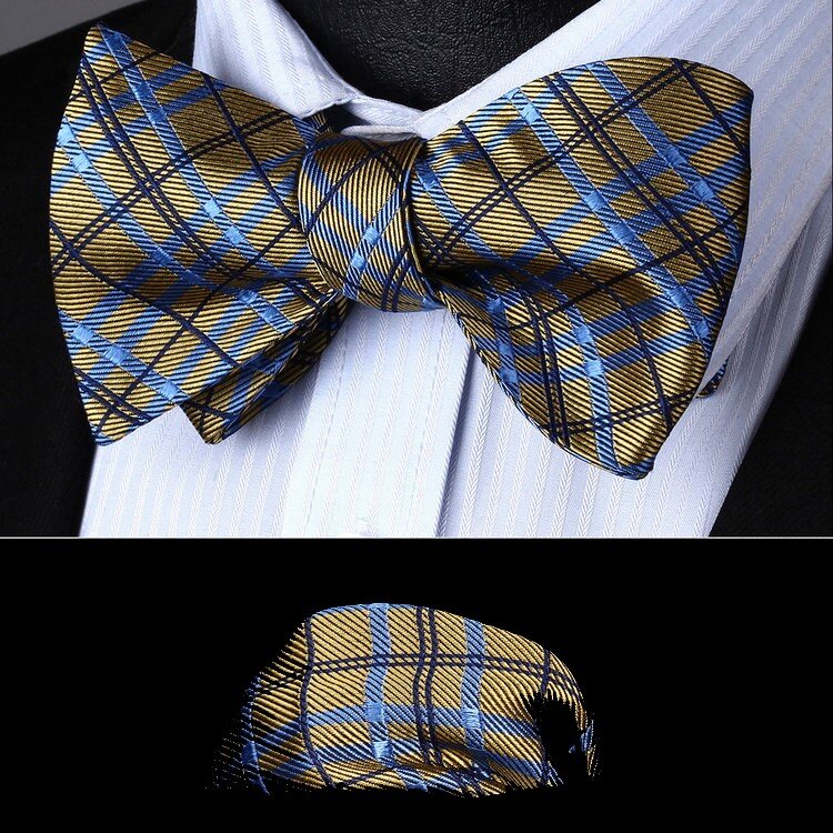 A Yellow, Blue Plaid Pattern Silk Self Tie Bow Tie, Matching Pocket Square||Yellow, Blue