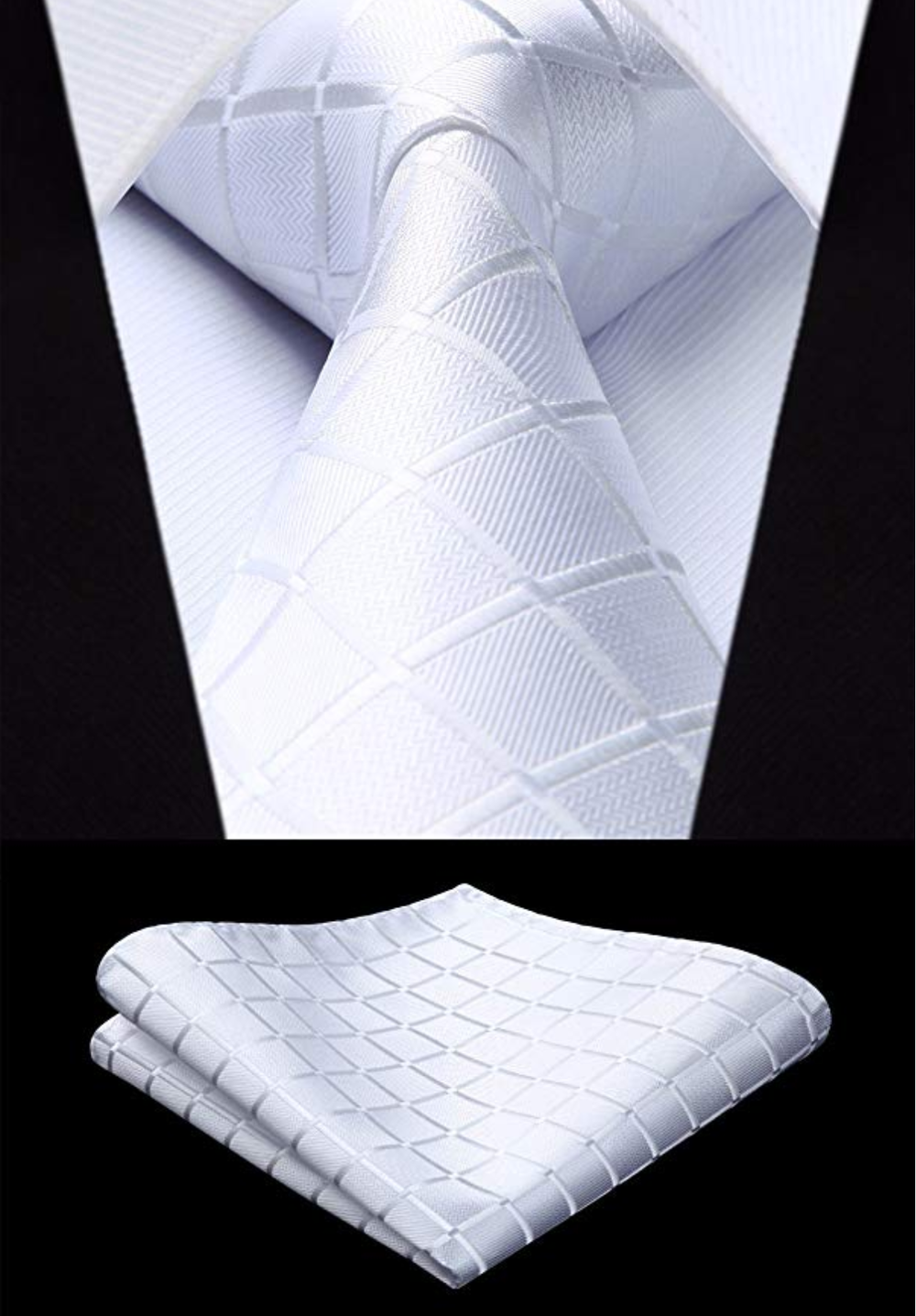 A White With Geometric Texture Pattern Silk Necktie, Matching Pocket Square And Cuff-links.