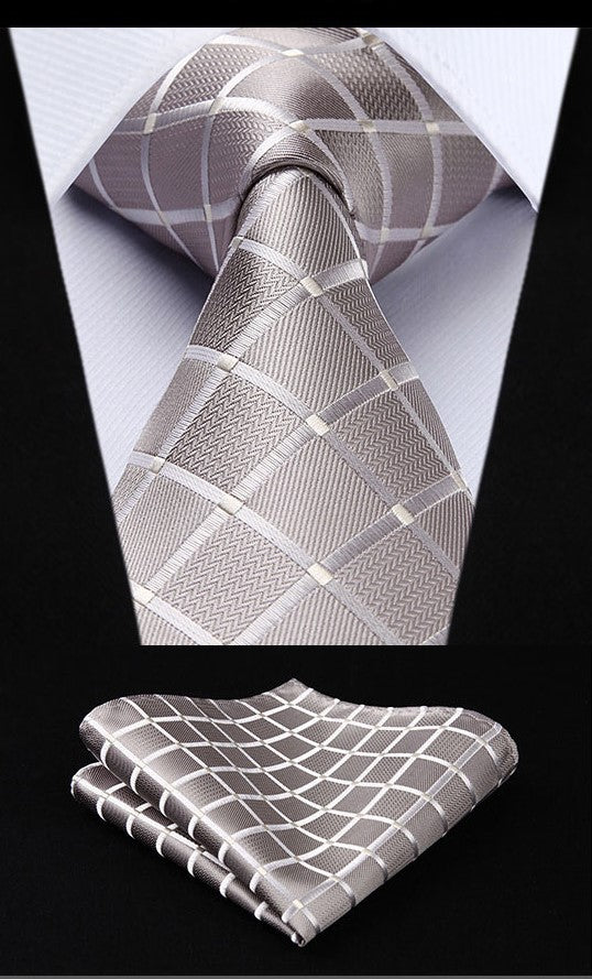 A Pearl With Geometric Texture Pattern Silk Necktie, Matching Pocket Square And Cuff-links.