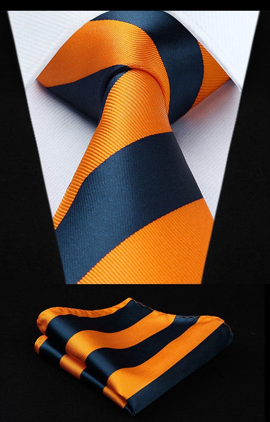 A Orange And Blue Stripe Pattern Silk Necktie, Matching Pocket Square, And Cuff-links.
