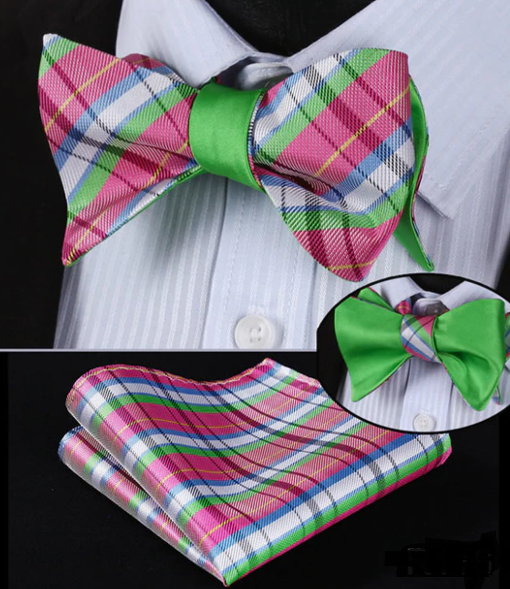 A Green, Pink Plaid Pattern Silk Self Tie Bow Tie, Matching Pocket Square 