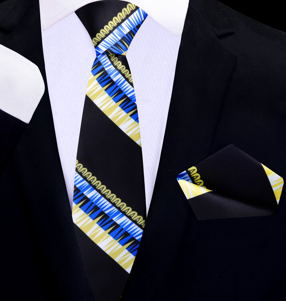 black, blue, yellow abstract tie and square thin 