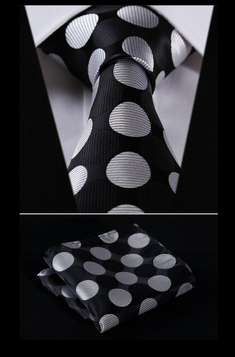 A Black, Grey Large Polka Dot Pattern Silk Necktie With Matching Pocket Square and Cuff-links