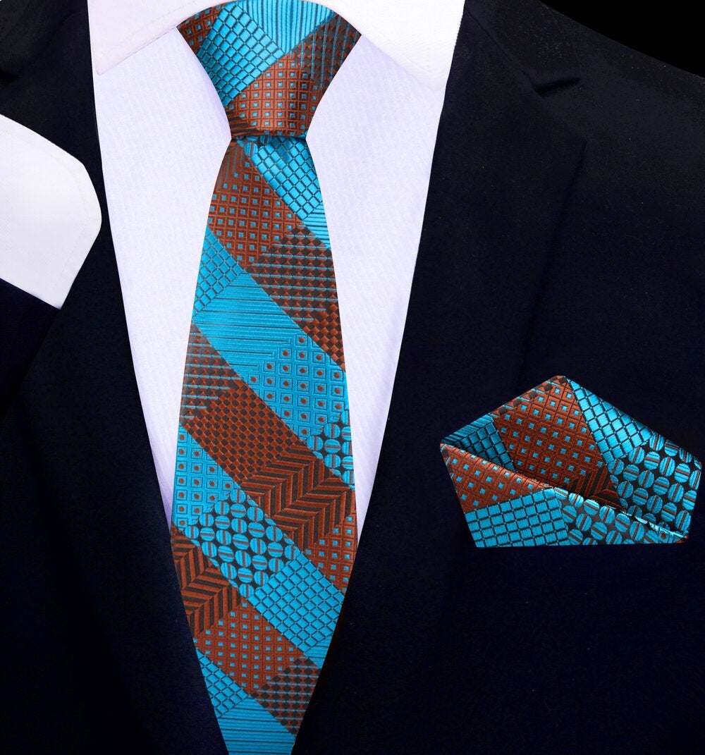 Teal Copper Geometric Thin Tie and Pocket Square