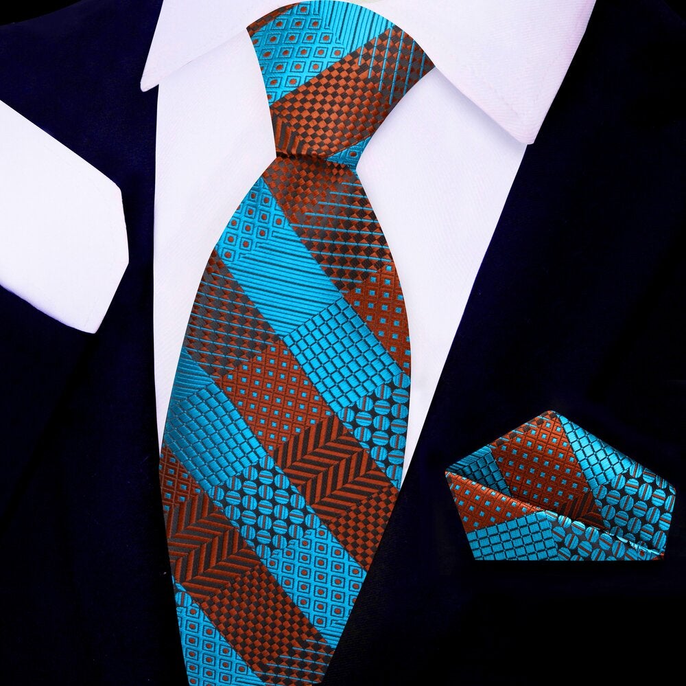 Teal Copper Geometric Tie and Pocket Square