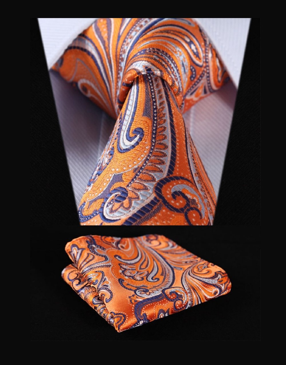 An Intricate Orange, Purple, White Paisley And Floral Pattern Silk Necktie With Matching Pocket Square and Cuff-links