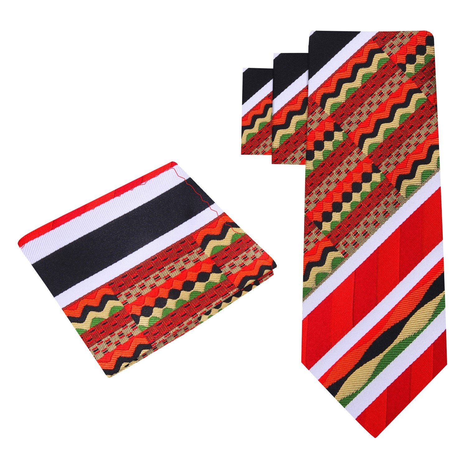 Alt View: Red, Black, Yellow Green Abstract Tie and Pocket Square