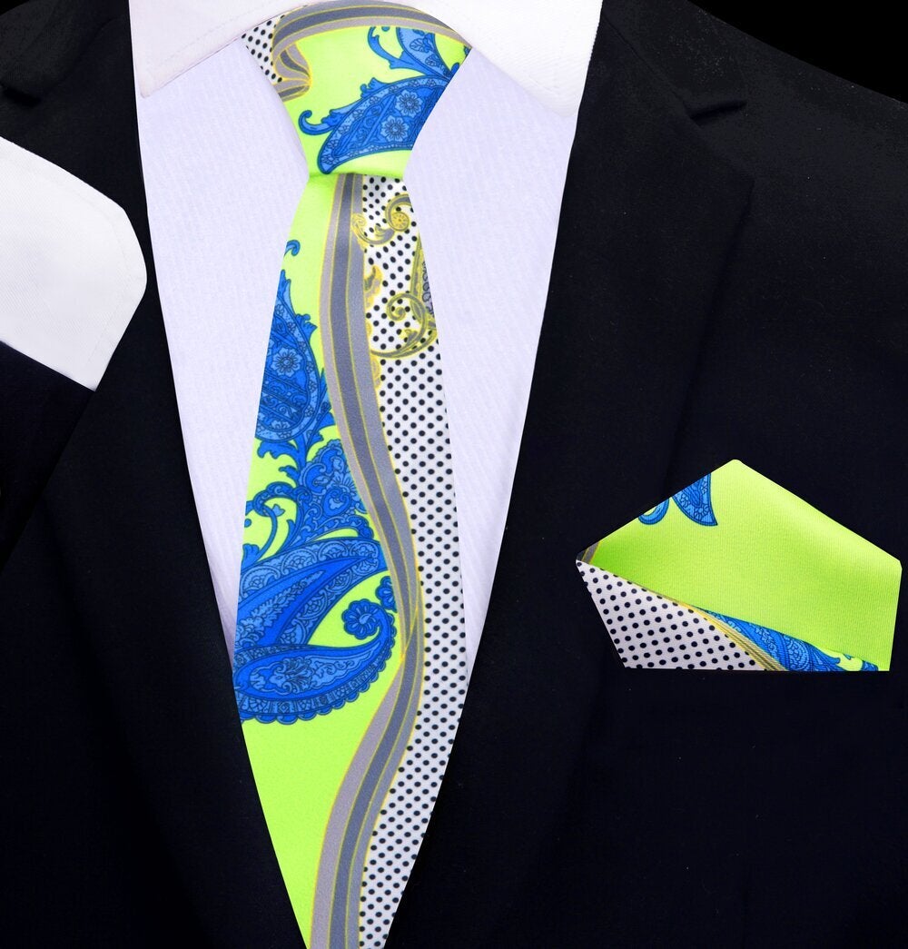 Thin Tie: Lime Green, Blue and Off-white abstract paisley tie and square