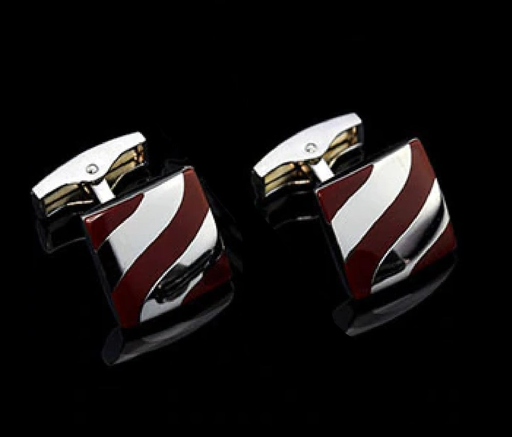 A Chrome and Brown Wavy Lines Cuff-links