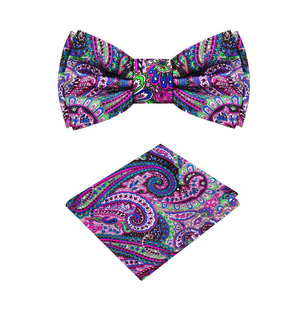 A Green, Purple, Pink, Brown Paisley Pattern Silk Self Tie With Matching Pocket Square