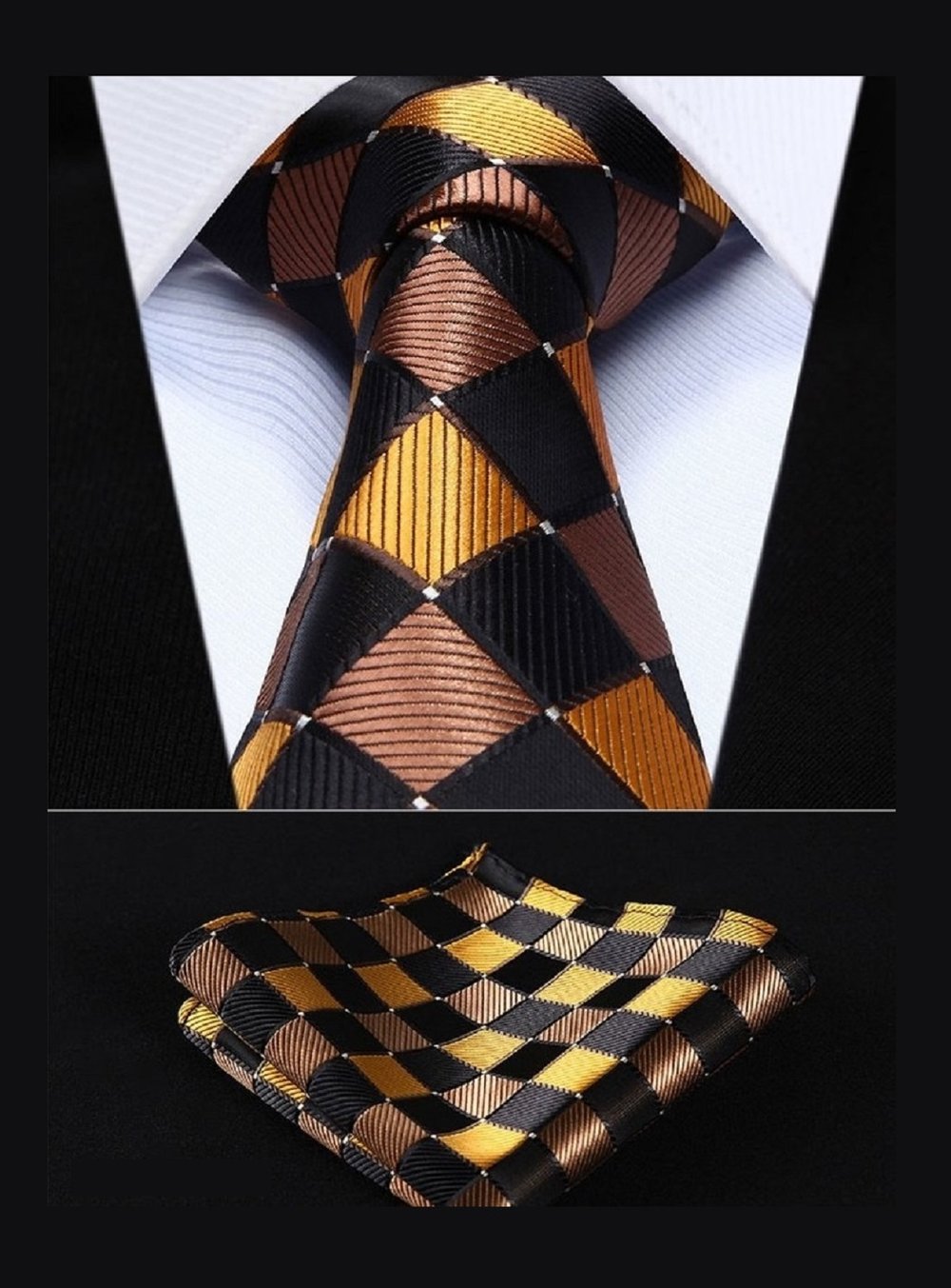 A Gold, Brown, Black Geometric Check Pattern Necktie With Matching Pocket Square and Cuff-links