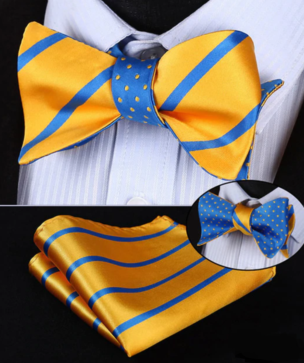 A Yellow, Light Blue Polka and Stripe Pattern Silk Self Tie Bow Tie, Matching Pocket Square ||Yellow with Blue Stripes